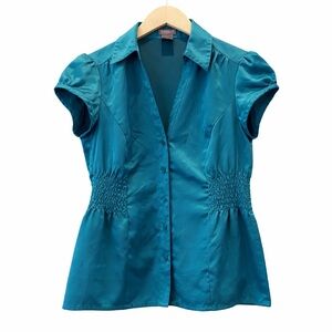 Ann Taylor Rich Teal Satiny Top Blouse 2P 2 P Petite